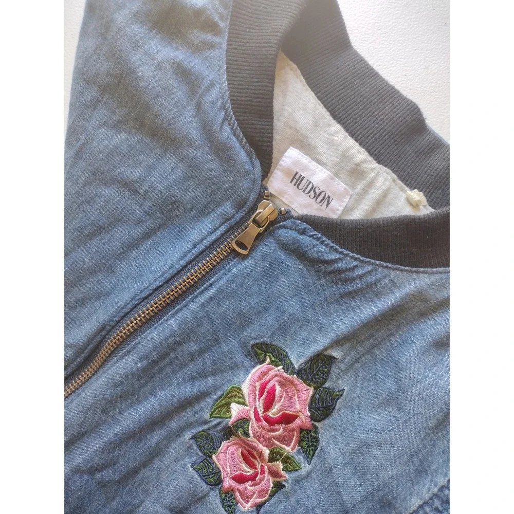 Hudson‎ Kids Girls Blue Denim Bomber Jacket Floral Rose Embroidery Size L Zip Up